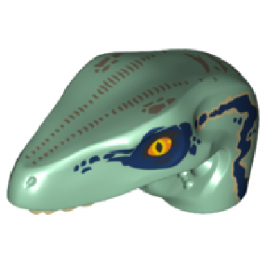 sand green dinosaur head raptor with pin hole with tan teeth and dark blue stripes and dark tan markings pattern
