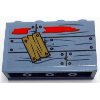sand blue panel 1 x 4 x 2 with side supports - hollow studs with wooden boards wood grain nails red paint and dark tan patch pattern sticker - set 70422