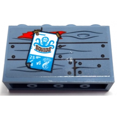 sand blue panel 1 x 4 x 2 with side supports - hollow studs with wooden boards wood grain nails red paint and squids pattern sticker - set 70422
