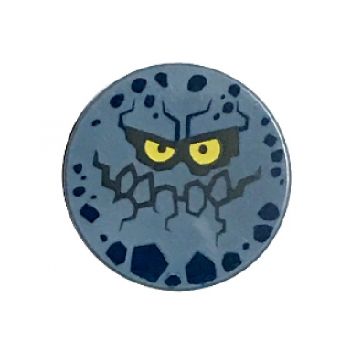 sand blue tile round 2 x 2 with bottom stud holder with rock creature face with jagged grin dark blue spots and yellow eyes pattern