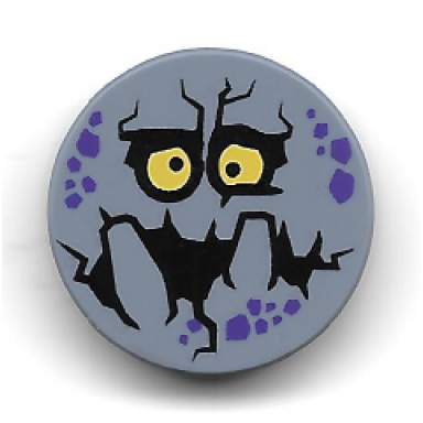 sand blue tile round 2 x 2 with bottom stud holder with purple rock spots yellow eyes with pupils black mouth big teeth bouldron pattern