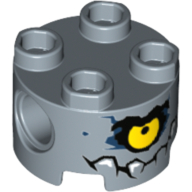 brick round 2 x 2 with pin holes with yellow eye and jagged rock teeth pattern brickster