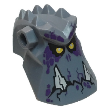 sand blue minifigure head modified alien with spikes on top and holes on sides with 2 white jagged teeth yellow eyes and dark purple spots pattern grimroc