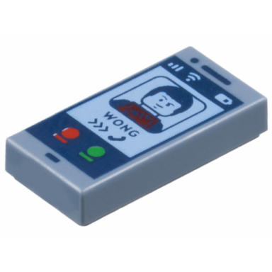 sand blue tile 1 x 2 with cell phone smartphone with dark blue minifigure wong calling symbol and red and green buttons pattern