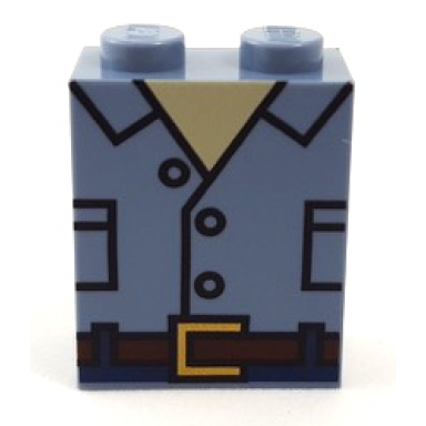 sand blue brick 1 x 2 x 2 with inside stud holder with black outlined open shirt with pockets and reddish brown belt pattern brickheadz owen torso