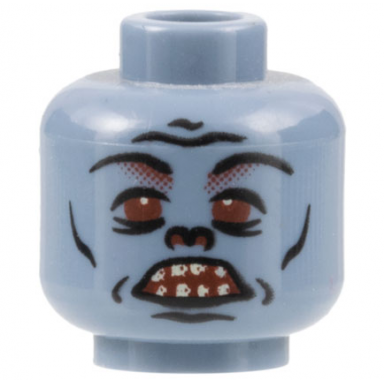 sand blue minifigure head alien troll with black eyebrows eyelids nose cheek lines and chin dimple red eyes and nostrils open mouth with teeth parted pattern