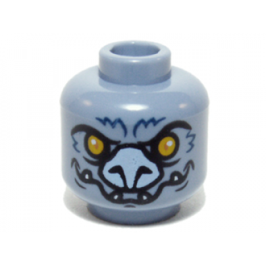 sand blue minifigure head alien chima bat with bright light orange eyes bright light blue nose dark blue fur lines and white lower fangs pattern