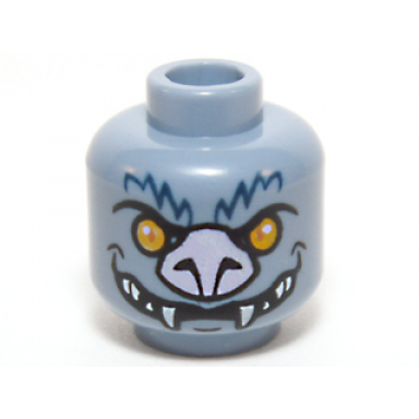 sand blue minifigure head alien chima bat with bright light orange eyes lavender nose dark blue fur lines and white fangs pattern