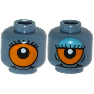 sand blue minifigure head dual sided alien with lower fangs eyelashes single orange eye open eye half closed with blue eye shadow pattern