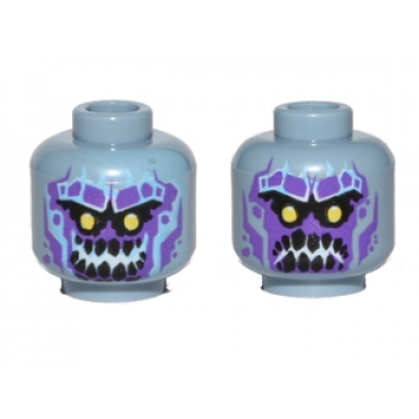 sand blue minifigure head dual sided alien with yellow eyes dark purple rock teeth smile angry pattern