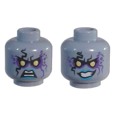 sand blue minifigure head dual sided alien with yellow eyes dark purple rock effect blue lips teeth open mouth angry evil grin pattern