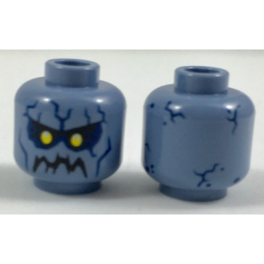 sand blue minifigure head alien with yellow eyes black eyebrows and jagged rock mouth dark blue eye shadow and stone cracks pattern