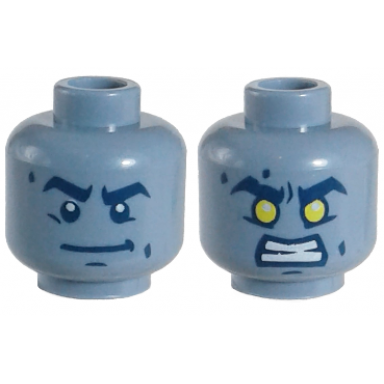 sand blue minifigure head dual sided alien dark blue thick eyebrows crooked smile white pupils yellow eyes bared teeth angry pattern