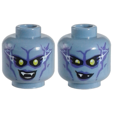 sand blue minifigure head dual sided alien female with yellow eyes lightning purple lips and shading fangs smile wink lopsided smirk pattern