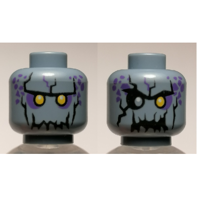 sand blue minifigure head dual sided alien with yellow eyes jagged rock mouth open mouth closed mouth pattern
