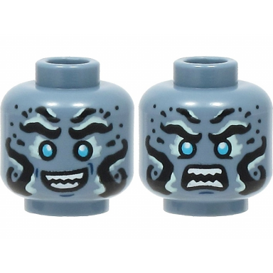 sand blue minifigure head dual sided alien with black and light aqua eyebrows and markings medium azure eyes open mouth smile angry with bared teeth pattern