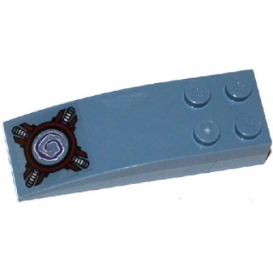 sand blue slope curved 6 x 2 with white and purple spiral in dark red circle and mechanical pattern sticker - set 70166