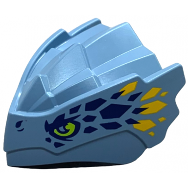 sand blue dragon head ninjago with stepped top and pin hole on back with lime eyes dark blue and bright light orange scales pattern
