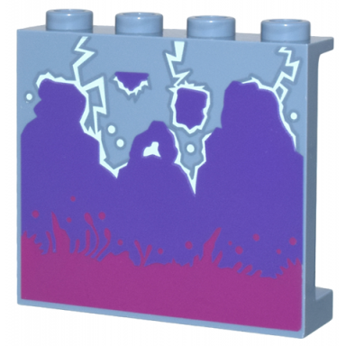 sand blue panel 1 x 4 x 3 with side supports - hollow studs with magenta splashes dark purple smoke and white lightning pattern