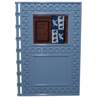 sand blue tile modified 10 x 16 with studs on edges and bar handles with ravenclaw flag spells and latin words on reddish brown background pattern on inside sticker - set 76385