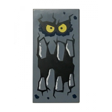 sand blue tile 2 x 4 with rock creature face with wide open mouth jagged teeth and yellow eyes pattern brickster