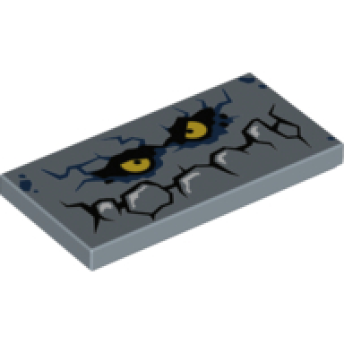 sand blue tile 2 x 4 with rock creature face with jagged mouth with white highlights and yellow eyes pattern brickster
