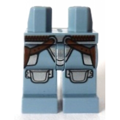 sand blue hips and legs with brown belt with rounds on straps and metallic silver armor pattern