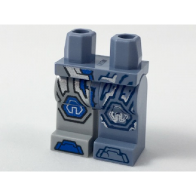 sand blue hips and 1 sand blue left leg 1 light bluish gray right leg with nexo knights armor pattern