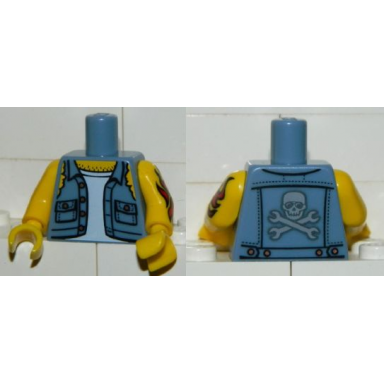 sand blue torso shirt torn off sleeves buttons on pockets jolly roger back pattern yellow arm left with red flames tattoo pattern yellow arm right yellow hands