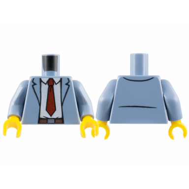 sand blue torso open suit jacket with white shirt dark red tie and reddish brown belt pattern sand blue arms yellow hands