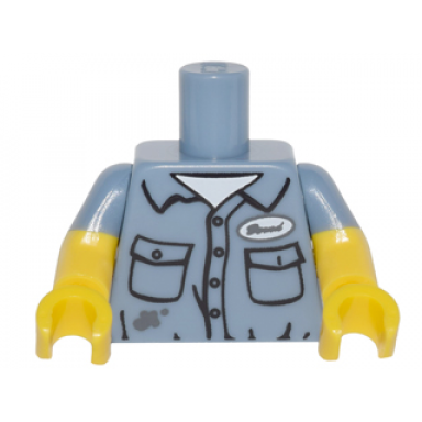 sand blue torso shirt with dirt stains pockets buttons and name tag pattern yellow arms with molded sand blue short sleeves pattern yellow hands
