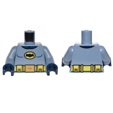sand blue torso batman logo in yellow oval with yellow utility belt and gold buckle pattern sand blue arms dark blue hands
