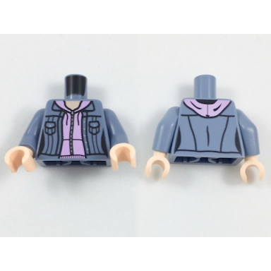 sand blue torso female jacket open with pockets over bright pink hoodie pattern sand blue arms light nougat hands