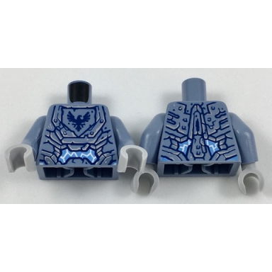 sand blue torso nexo knights armor stone with dark blue falcon in pentagonal shield and white lightning pattern sand blue arms light bluish gray hands
