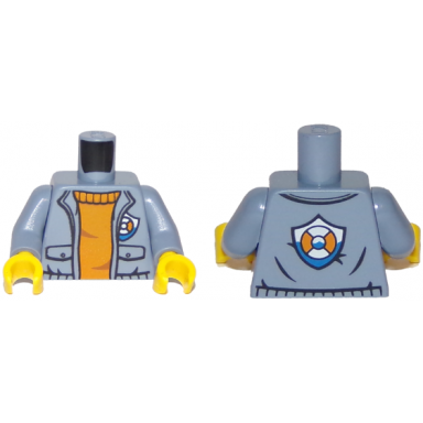 sand blue torso coast guard jacket with pockets and coast guard logo badge over crew neck sweater pattern sand blue arms yellow hands