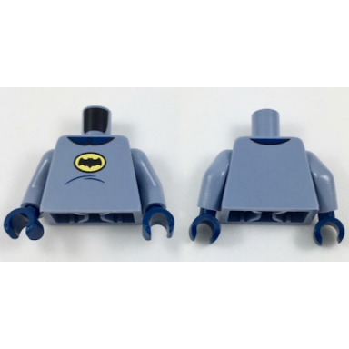 sand blue torso batman logo in yellow oval dark blue collar and stomach contour lines pattern sand blue arms dark blue hands