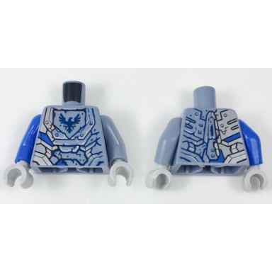 sand blue torso nexo knights armor semi-stone with dark blue falcon in shield pattern sand blue arm left blue arm right light bluish gray hands