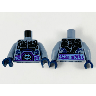 sand blue torso nexo knights bare chest with black cracks dark bluish gray scales dark purple and light blue belt pattern sand blue arms dark blue hands