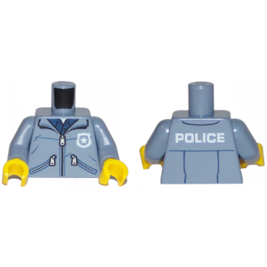 sand blue torso jacket with zippers over dark blue shirt with badge and police pattern sand blue arms yellow hands
