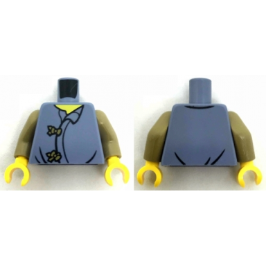 sand blue torso robe with 2 dark tan clasps pattern dark tan arms yellow hands