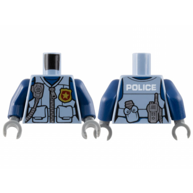 sand blue torso female police flak vest closed with silver zipper and gold badge over dark blue shirt radio canteen white police on back pattern dark blue arms dark bluish gray hands