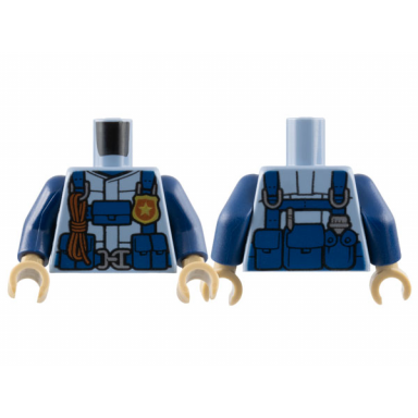sand blue torso helicopter pilot jacket with harness and police star badge pattern dark blue arms dark tan hands
