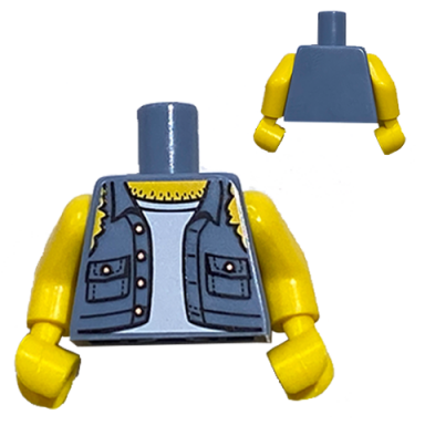 sand blue torso shirt torn off sleeves buttons on pockets without back print pattern bam yellow arms yellow hands