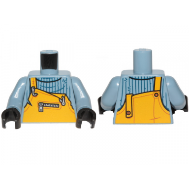 sand blue torso turtleneck sweater with bright light orange overalls and zippered breast pocket pattern sand blue arms black hands