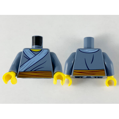 sand blue torso tunic bright light blue hem and medium nougat sash pattern sand blue arms yellow hands