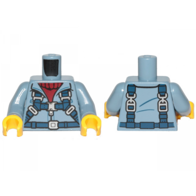 sand blue torso jacket with zipper dark red turtleneck sweater and dark blue harness pattern sand blue arms yellow hands
