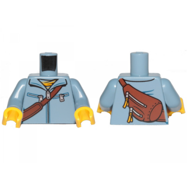 sand blue torso jacket with zipper diagonal belt and bag on back pattern sand blue arms yellow hands