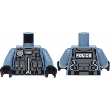 sand blue torso police with silver badge black belt gray safety vest with pockets police on back pattern sand blue arms black hands