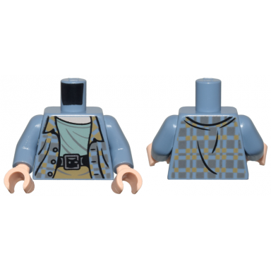 sand blue torso plaid jacket open with buttons and dark bluish gray and dark tan squares over sand green shirt black belt with silver buckle light nougat neck pattern sand blue arms light nougat hands