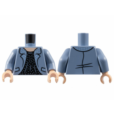 sand blue torso jacket with bright light blue spots on lapels light nougat neck black blouse pattern sand blue arms light nougat hands